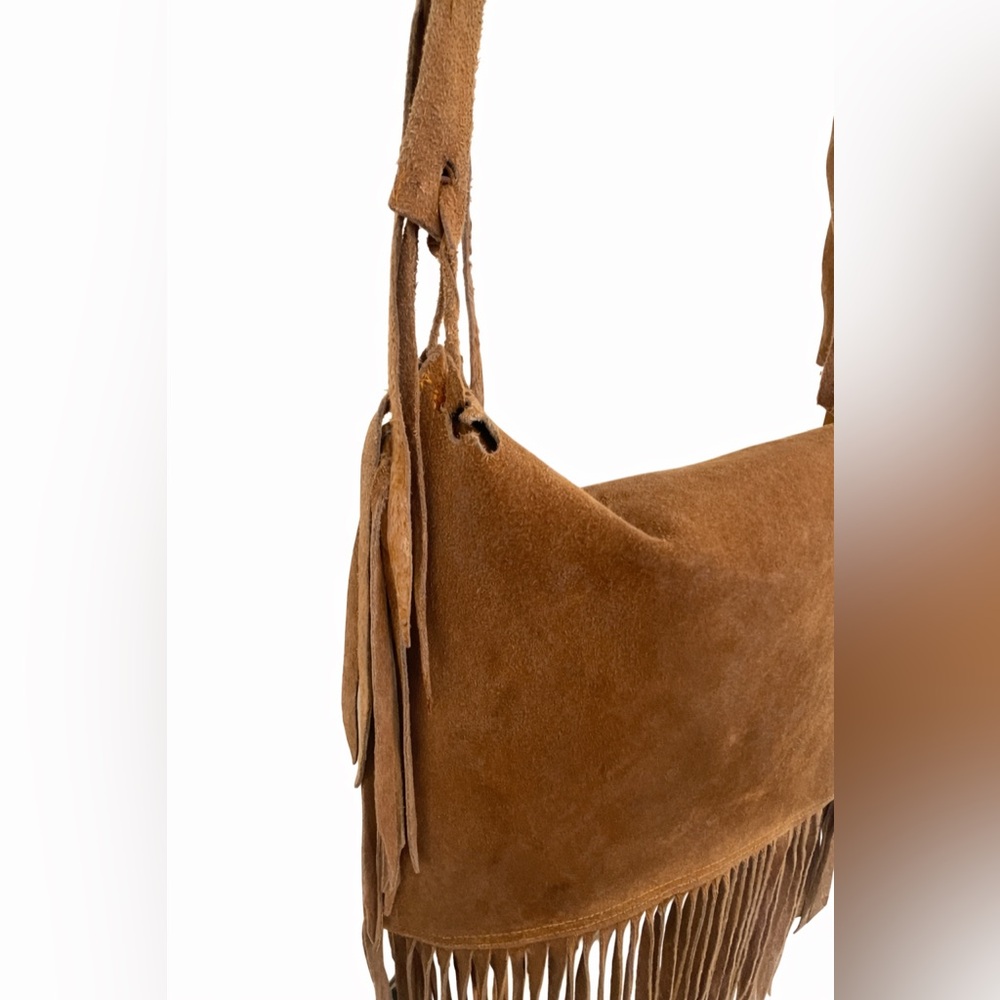 Suede Fringe Crossbody Bag in Tan With Adjustable Straps - Picture 6 of 7